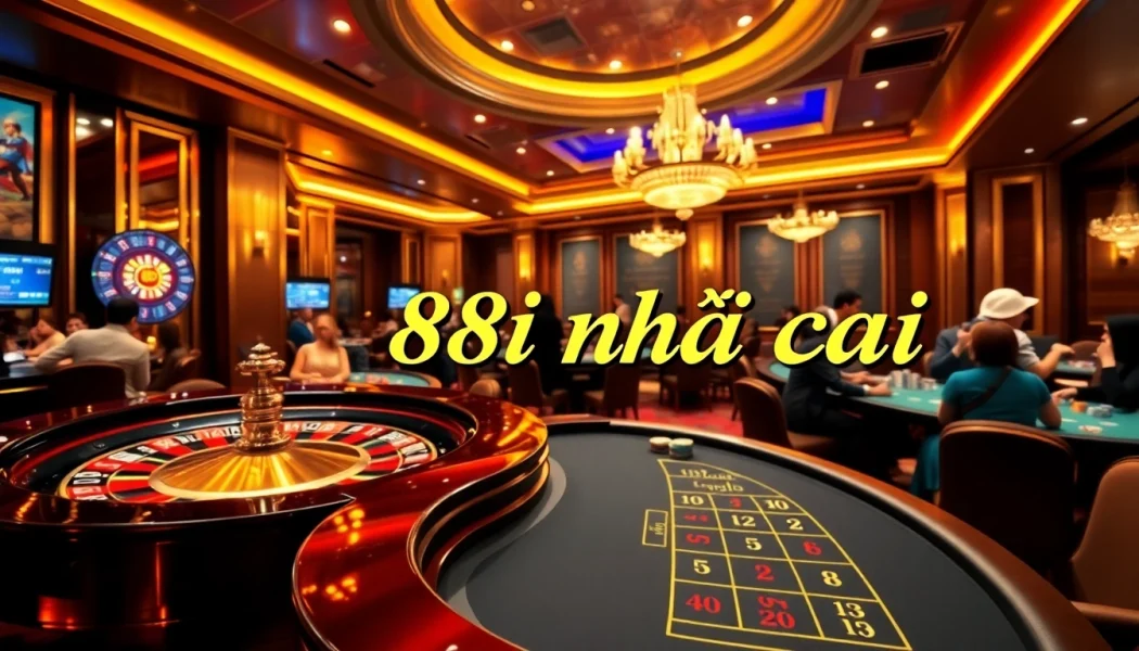 A lively scene depicting the excitement of gambling at 88i nhà cái's casino, featuring vibrant tables and enthusiastic players.