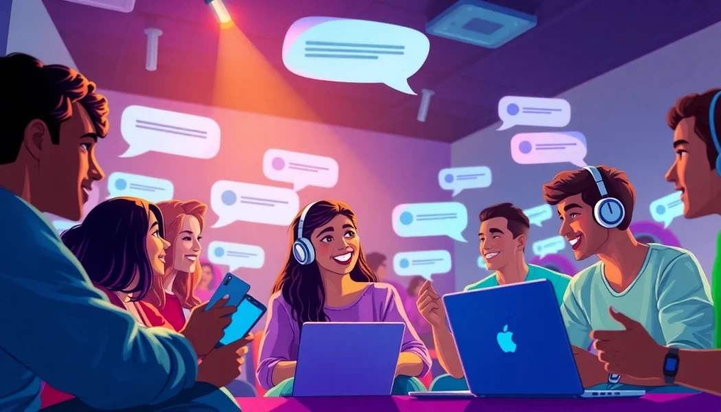 غرفة دردشة نابضة بالحياة لشات تعب قلبي تعرض شباباً وشابات من خلفيات متنوعة وهم منخرطون في محادثات حيوية.