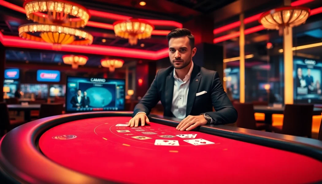 에볼루션 바카라를 즐기는 현대적인 카지노 테이블과 딜러