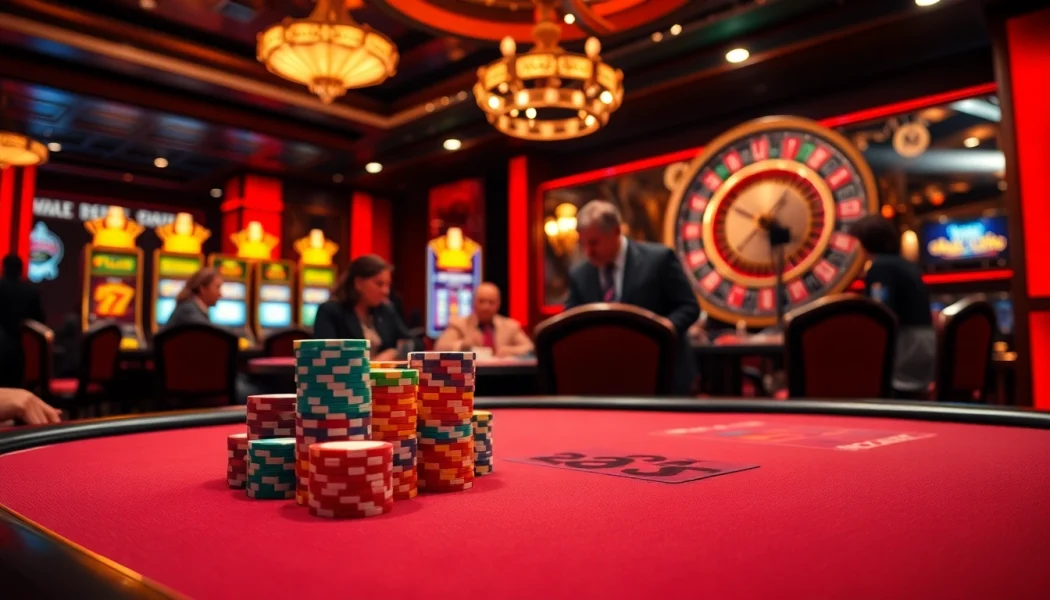 Experience the thrill of gambling at 22JL with poker chips and roulette in a luxurious casino setting.