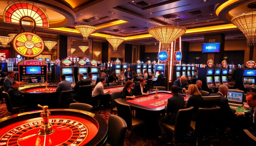 Exciting casino gaming experience featuring MB66 logo, tables, and players.
