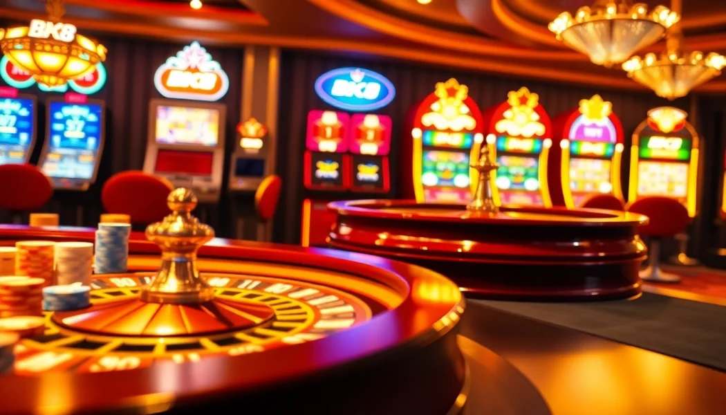 Experience the luxury of online gambling with BK8 featuring casino tables and vibrant slot machines.