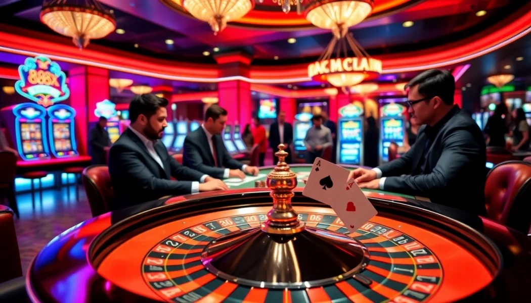 Experience high-stakes gambling at 88xx com with a luxurious poker table and roulette wheel.