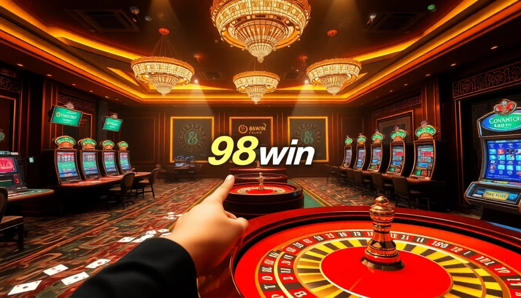Experience the thrill of gambling at 98win with vibrant casino tables, slot machines, and poker cards.