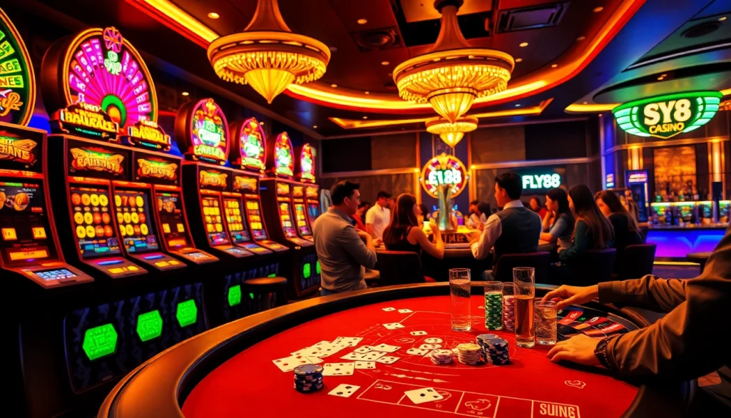 Players enjoying high-stakes poker at FLY88 casino with vibrant slot machines in the background.