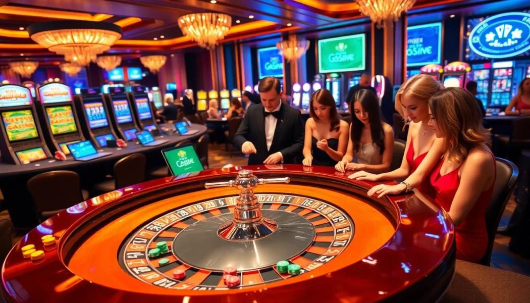 Exciting gaming action at mm88 casino with players enjoying live roulette and slot machines.