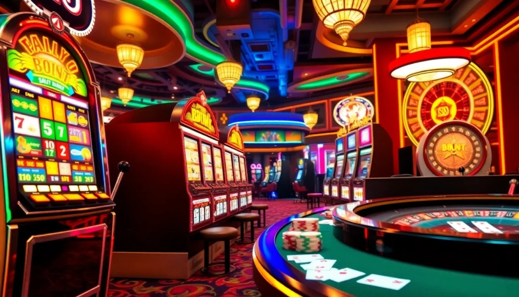 Exciting slot machines illuminated in a vibrant casino atmosphere, filled with colorful displays and casino elements.