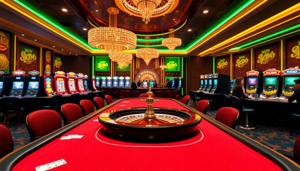 Eejl88888 com poker players strategize at a luxurious casino table with slot machines and roulette.
