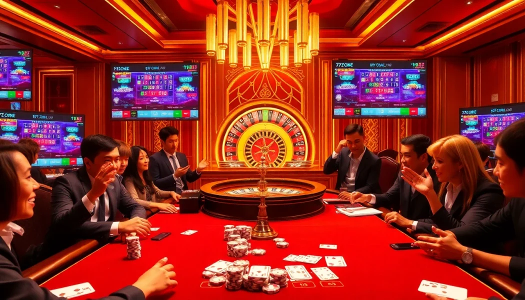 Engaging players winning at the 7C77 one casino table with poker chips and roulette wheel.