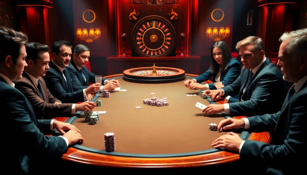 Engage with a thrilling poker game at eejl88888 com featuring elegant players and vibrant chips.