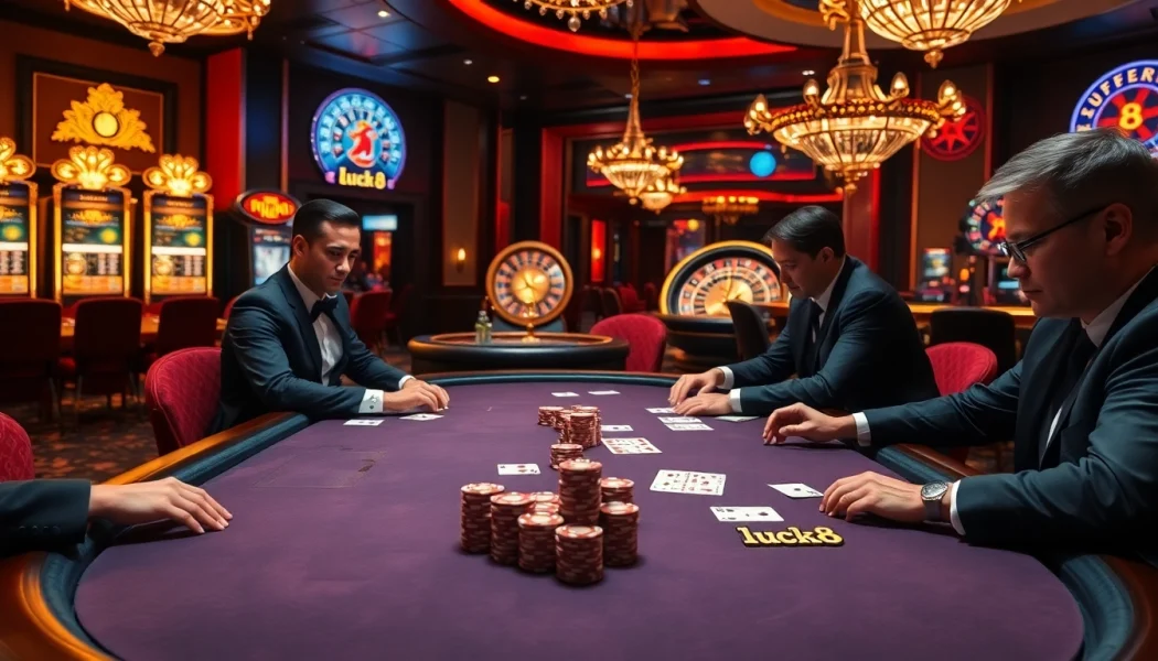Experience the thrill of luck8 at a vibrant casino poker game, with chips and cards in action.