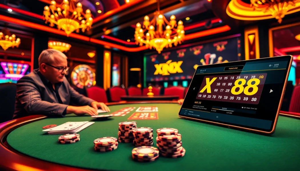 Experience the excitement of XX88 with vibrant casino visuals featuring poker and roulette action.