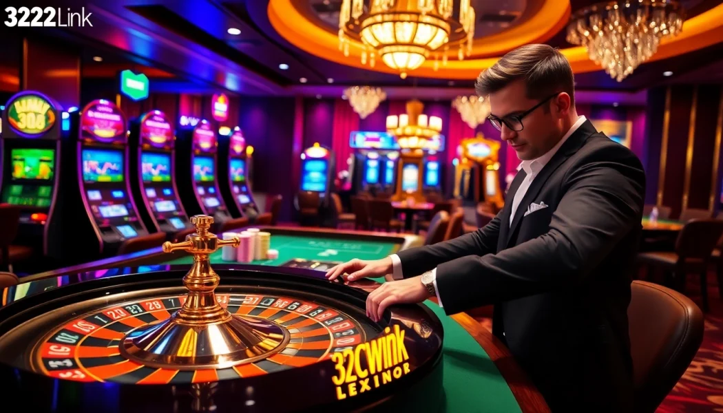 Gambler placing bets at a roulette table in a luxurious casino setting, showcasing 32WIN Link excitement.