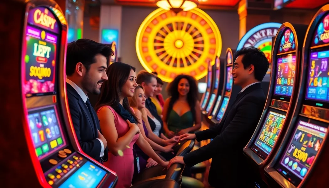 Thrilled players engage with slot machines in a vibrant casino setting, showcasing excitement and luxury.