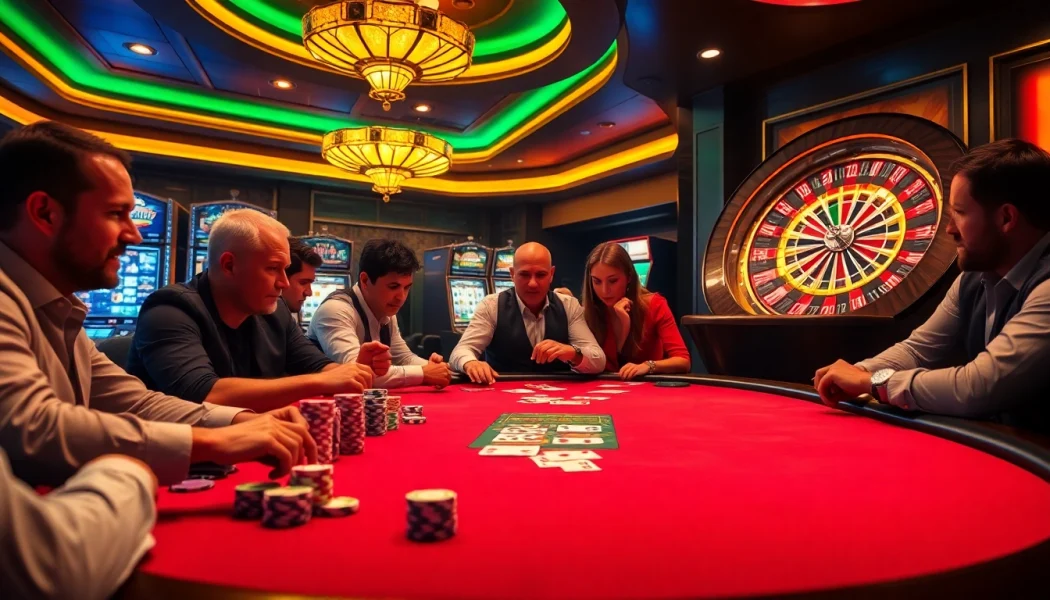 Players engaged at a poker table in an exhilarating game vvjl, surrounded by vibrant slot machines.