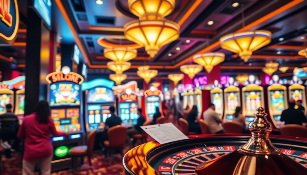 Excited players engage with slot gacor terpercaya machines in a luxurious casino setting.