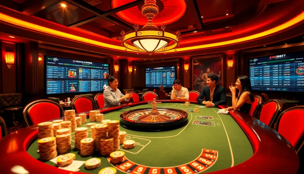 Experience the excitement of SOIBET with high-stakes poker and roulette games in a luxurious online casino setting.
