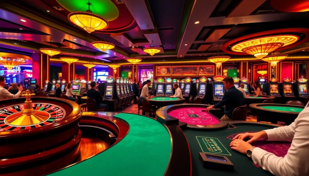 Exciting casino atmosphere at https://go88.fast/ featuring roulette wheels and engaged players.