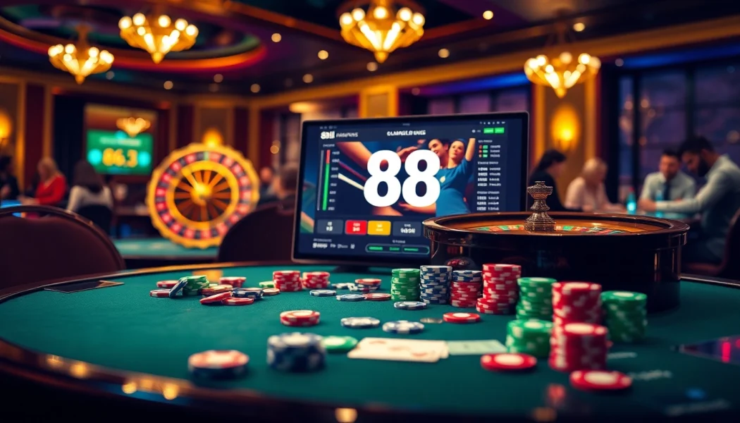 Gambling enthusiasts enjoying the luxurious 88i online interface at a vibrant casino.
