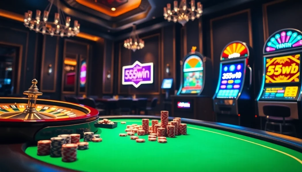 Engaging scene of players enjoying poker at 555win casino with vibrant decor and energy.