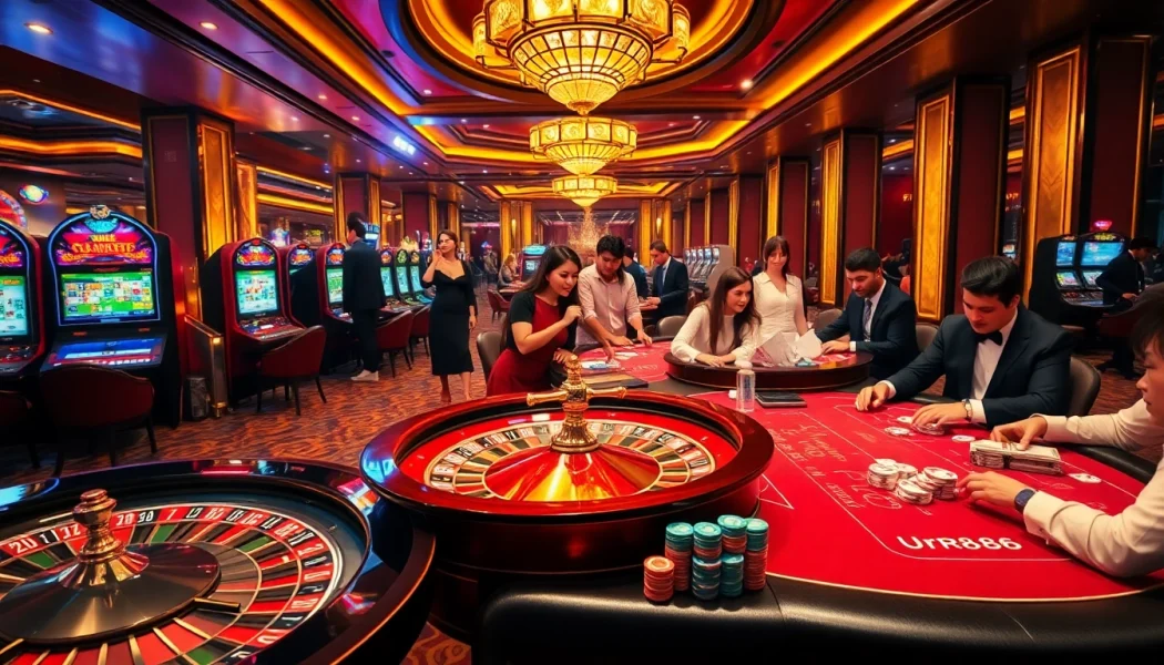Exciting casino scene with players enjoying games at https://urr88.com/, featuring roulette, slots, and poker elements.