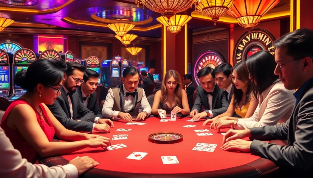 Gambling scene showcasing a vibrant poker table where players employ haywin strategies to maximize wins.