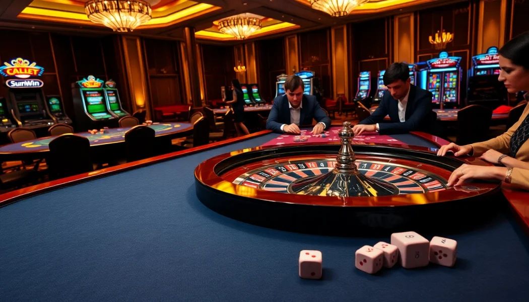 Players enjoy various games at the Sunwin casino with vibrant tables and thrilling action.