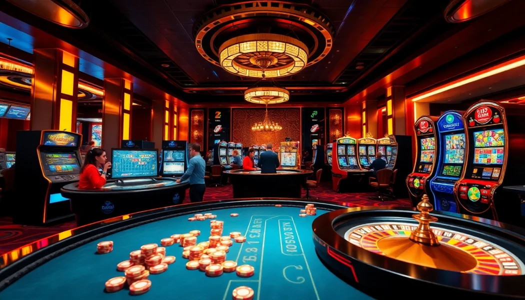 Experience the thrilling ambiance of 23WIN online gambling, showcasing vibrant casino tables and betting action.