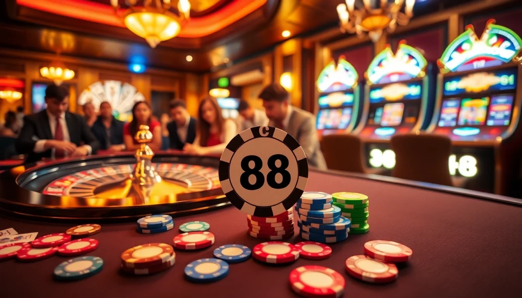 Players enjoying a vibrant casino scene with LC 88 poker chips amid action and excitement.