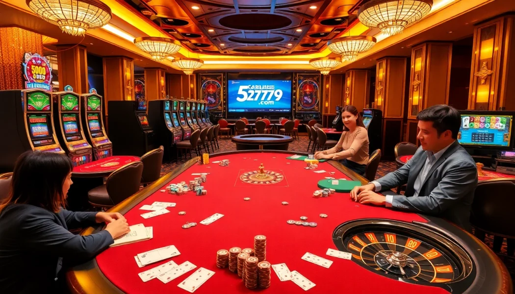 Experience the thrill of gaming at 5Z7779 com with vibrant casino tables and players engaged in action.