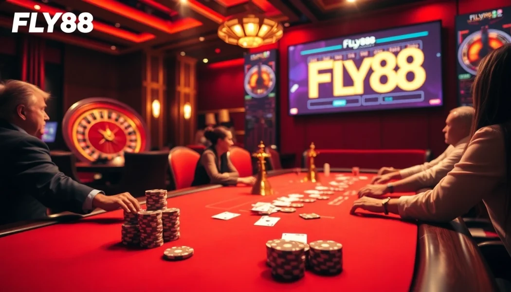 Experience excitement at FLY88's luxurious poker table with vibrant action and chips around.
