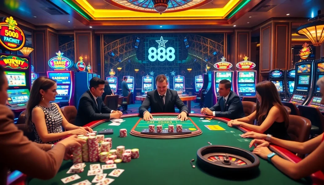 Experience the excitement of u 888 with players engaging in lively poker action at a luxurious casino.