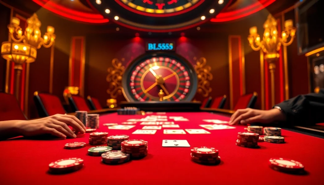 Experience thrilling high-stakes gambling at the Trang chủ BL555 poker table with vibrant action and excitement.