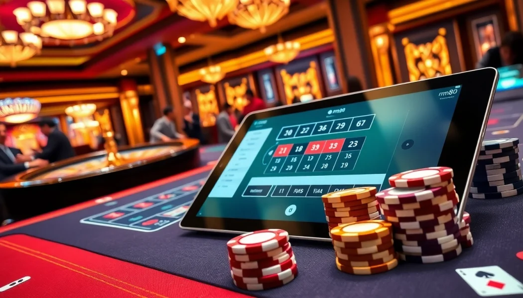 Engaging casino environment showcasing mm88 gaming excitement, complete with tables, chips, and interactive online interface.