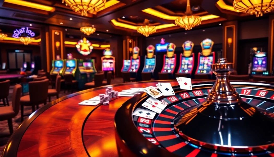 Thrilling game at 5z7772 com with vibrant poker chips and spinning roulette wheel.