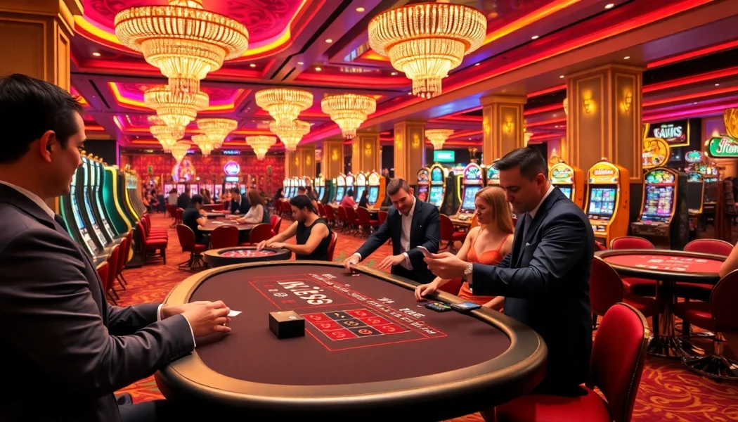 Players enjoying games at a KK55-themed casino, highlighting excitement and luxury.