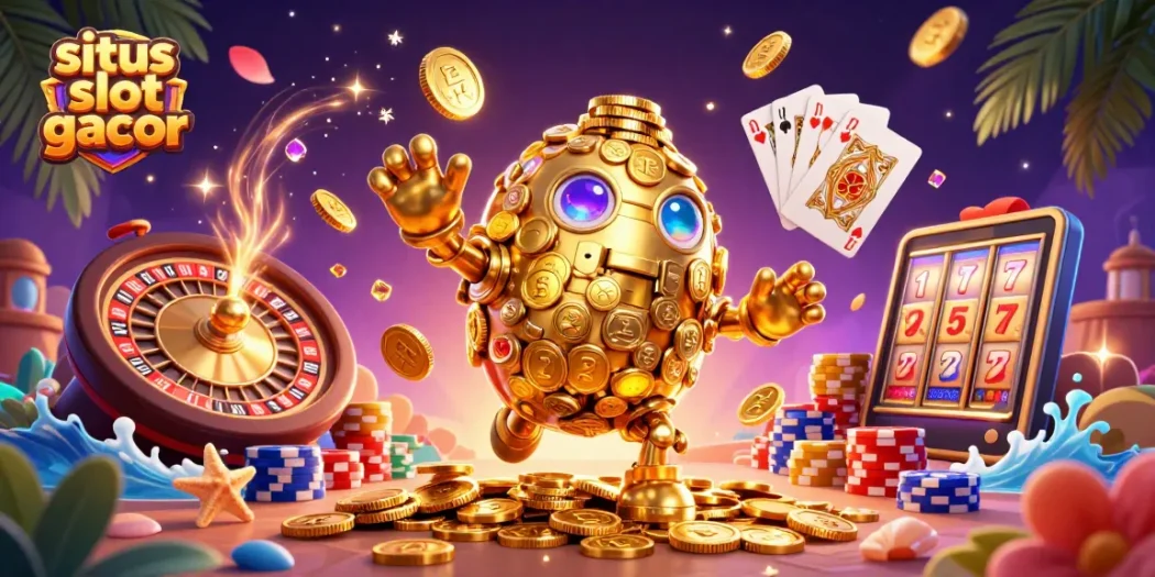 Menangkan jackpot di situs slot gacor dengan simbol mesin slot dan koin emas bertebaran.