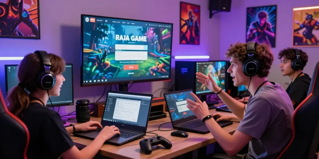 Raja Game login scene with excited players at a gaming setup, showcasing energy and community.