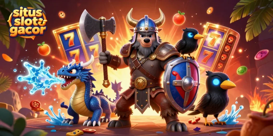 situs slot gacor menampilkan ilustrasi 3D karakter Viking dan naga di dunia slot online yang penuh warna