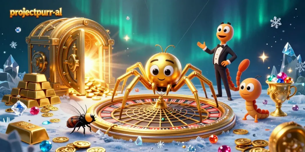 Engage in thrilling gameplay with projectpurr-al's vibrant casino-themed illustration featuring a spider and croupier.