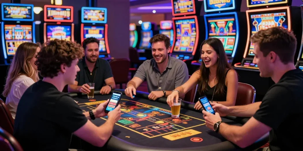 Friends enjoying non-UK licensed slots, showcasing lively casino atmosphere, you can find some here for thrilling gaming