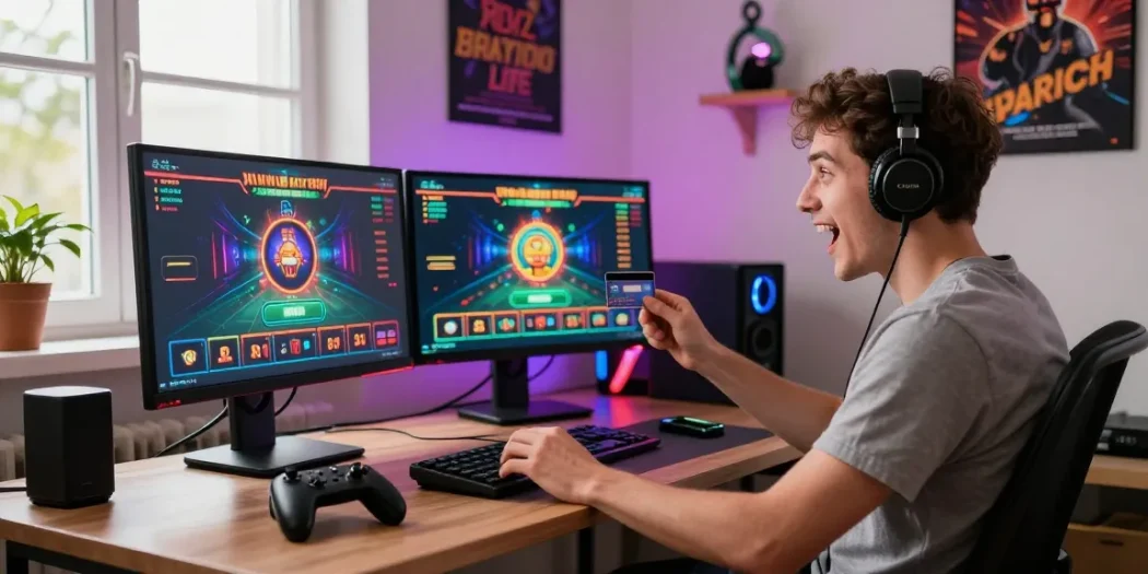 Excited player at their gaming desk ready to explore credit card casinos, inspired by https://cullengolfclub.co.uk/.