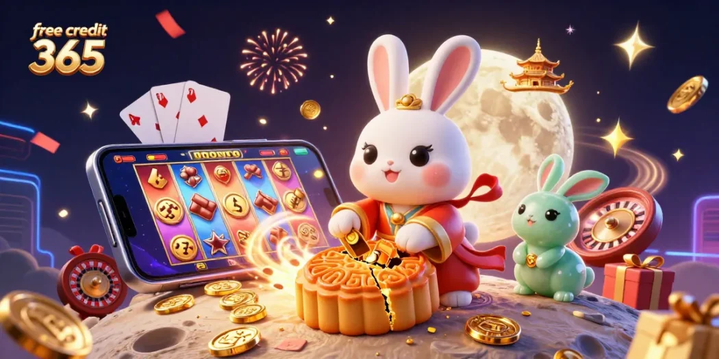 Experience the thrill of free credit 365 with dynamic casino visuals featuring slot games and festive elements.